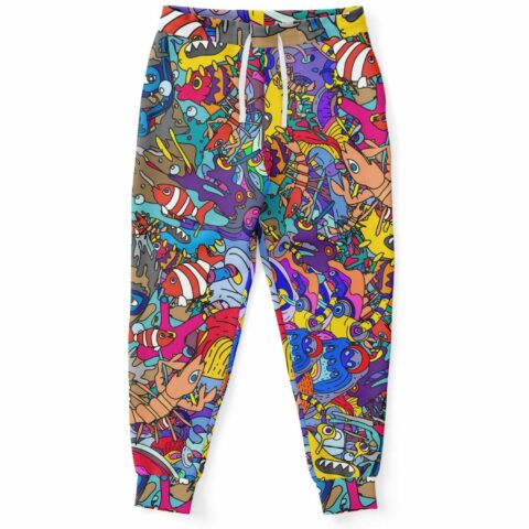 Colorful joggers featuring a chaotic trippy doodle design.
