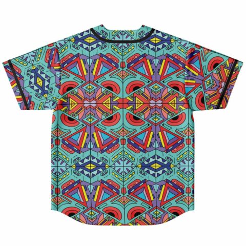 Back view of teal geometric mosaic print with mirrored triangle and diamond pattern