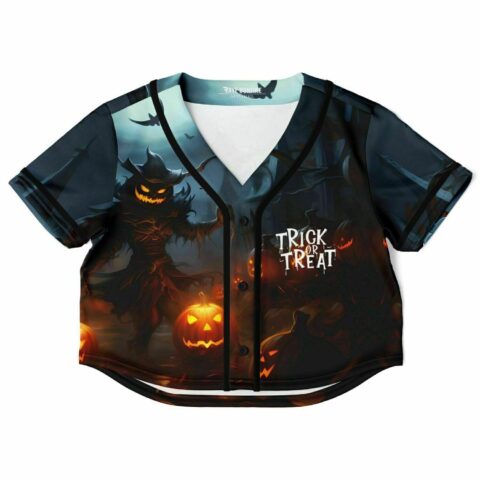 Cropped baseball jersey with spooky Halloween pumpkin and scene design