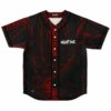 Blood red horror forest print baseball jersey with Night One text, front flat lay
