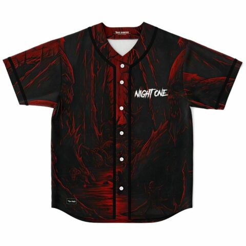 Blood red horror forest print baseball jersey with Night One text, front flat lay