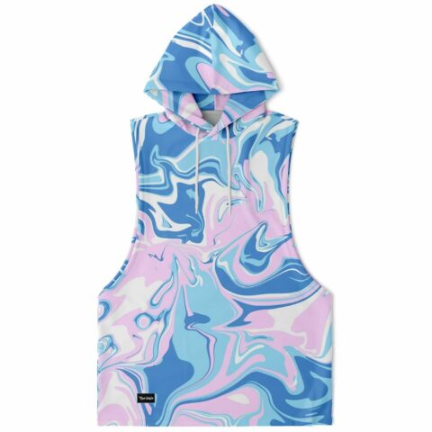 Blue pink and white liquid marble swirl sleeveless hoodie laid flat front view