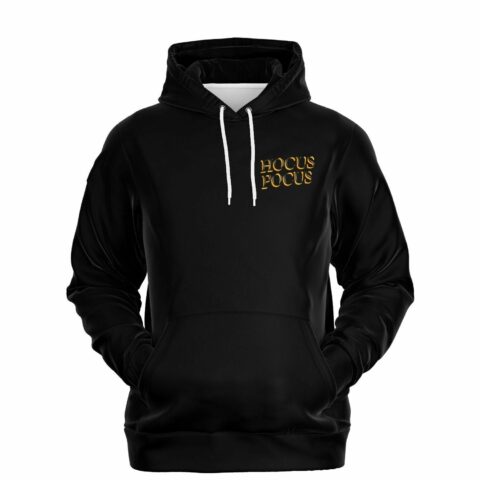 Black hoodie with gold Hocus Pocus lettering on left chest, front view