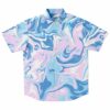 Blue and pink acid trip swirl rave button-down shirt, front view flat lay