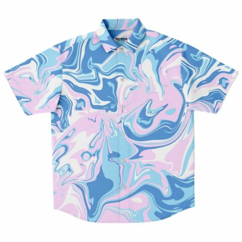 Blue and pink acid trip swirl button down shirt front view flat lay