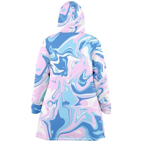 Back view of pastel blue and pink liquid marble rave cloak showing swirl pattern