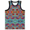 Turquoise kaleidoscope rave jersey with red triangles and geometric tribal pattern front view