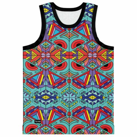 Turquoise kaleidoscope rave jersey with red triangles and geometric tribal pattern front view