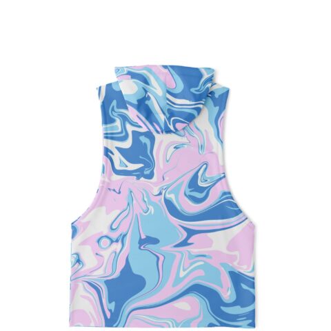 Acid trip marble print sleeveless hoodie shown flat from the back with hood