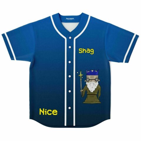 Blue gradient baseball jersey with cartoon crowned wizard and Shag Nice text, front view