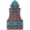 Geometric doodle rave sleeveless hoodie, teal with red, purple and yellow shapes — front