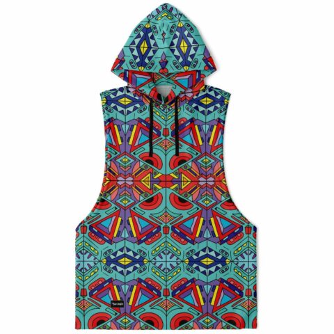 Vibrant multicolored geometric sleeveless hoodie front
