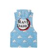 Back view of the sky blue cloud print rave sleeveless hoodie with circular Rave Daddy logo text