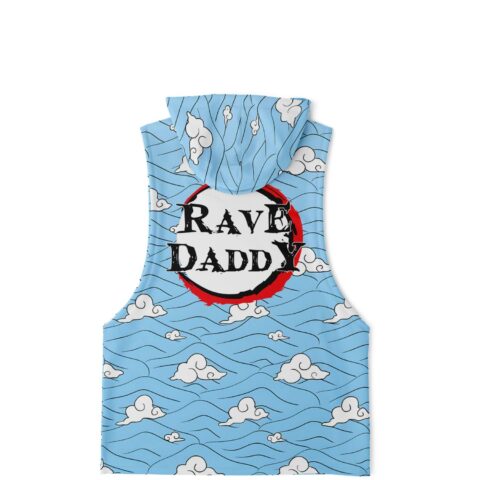 back view of sky blue cloud print hoodie with Rave Daddy circular logo text