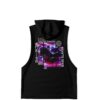 Back view of the rave sleeveless hoodie with an anime-inspired demon hunter graphic and neon pink
