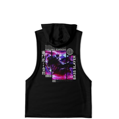 Back view of bass slayer sleeveless hoodie with anime-inspired demon hunter graphic and neon pink