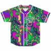 Front view of psychedelic collage rave baseball jersey with peace signs and eyes reading Peace