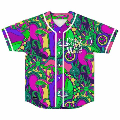 Front view of psychedelic collage rave baseball jersey with peace signs and eyes reading Peace