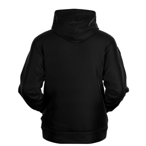 Black rave hoodie back view showing plain solid fabric and drawstring hood