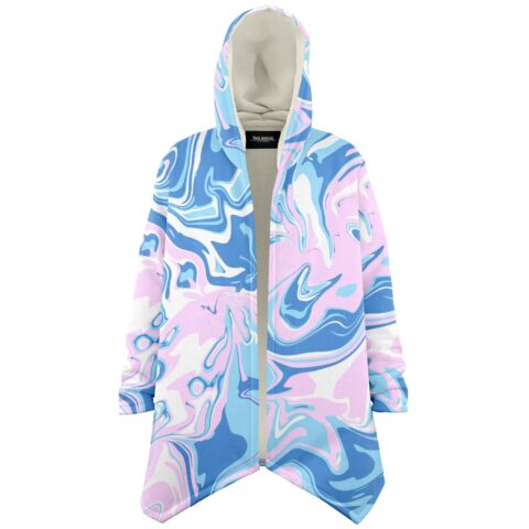 Pastel baby liquid marble rave cloak with sherpa-lined hood worn open front view