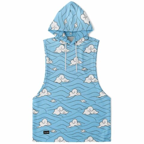 sleeveless hoodie with anime-inspired cloud print on sky blue background front view