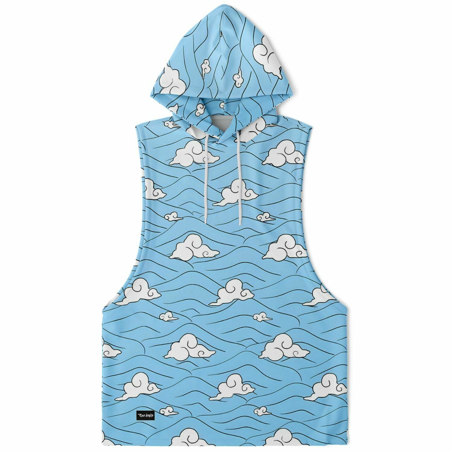 A Rave daddy sleeveless hoodie with clouds on it.