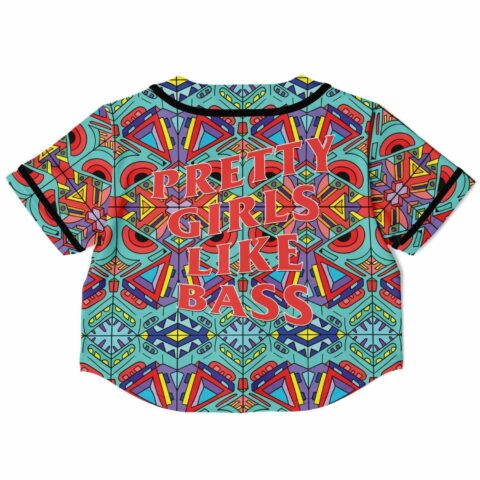 Bold text bass-themed cropped baseball jersey back view