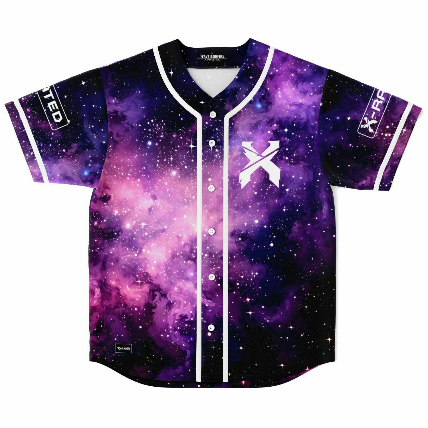 A Waterburry custom Baseball Jersey with a galaxy print on it.