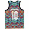 Back view of kaleidoscopic jersey printed LSDREAMER 10 over turquoise geometric pattern