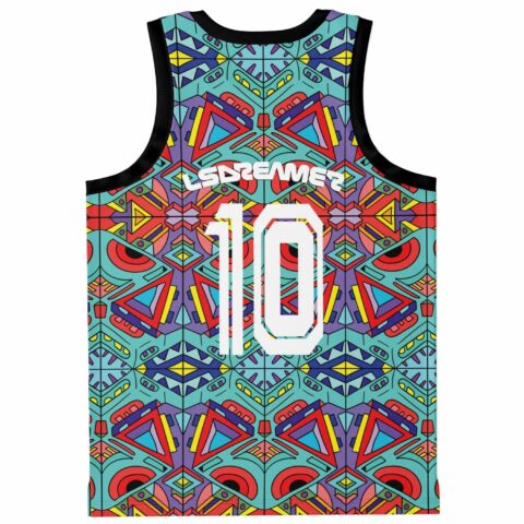 Back view of kaleidoscopic jersey printed LSDREAMER 10 over turquoise geometric pattern