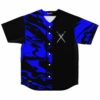 Black liquid marble rave baseball jersey with crossed swords emblem front view