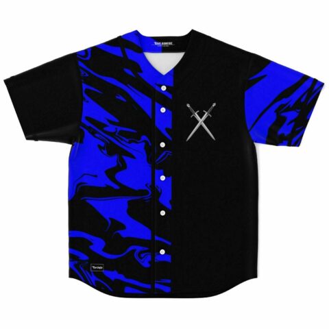 Black liquid marble rave baseball jersey with crossed swords emblem front view
