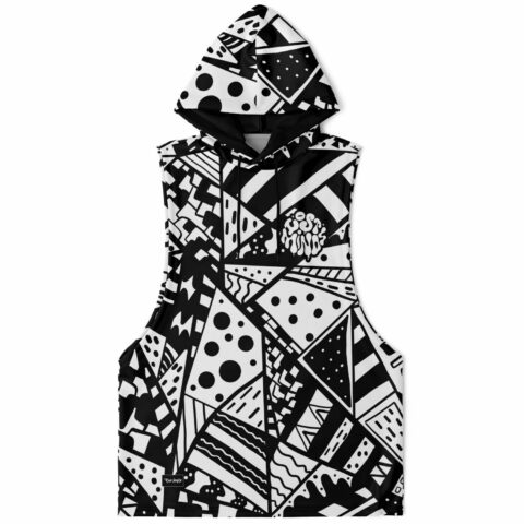 A black and white Lost minds Sleeveless hoodie with geometric patterns.