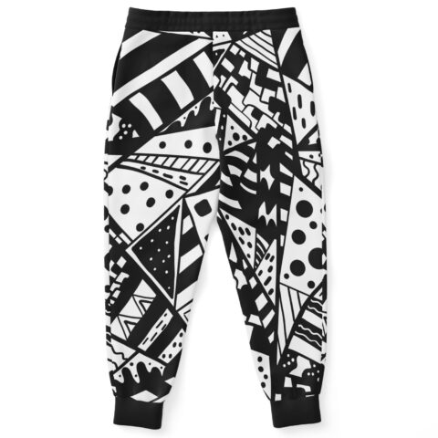 A black and white Abstract doddles Jogger with geometric patterns.