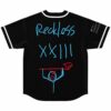 Back view of black rave jersey with reckless XXIII text and red-armed stick figure sketch