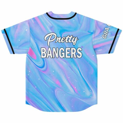 Pastel marble rave jersey back with Pretty Bangers script and Giia Gang sleeve print