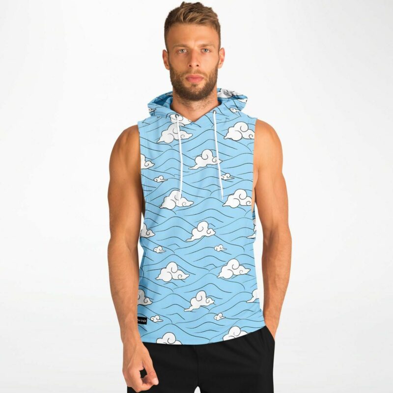 A man wearing a Rave Daddy sleeveless hoodie with clouds on it.