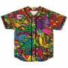 Front view of rainbow psychedelic rave baseball jersey with skull spiderweb and swirl doodle print
