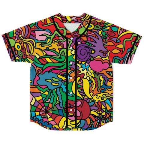 Front view of rainbow psychedelic rave baseball jersey with skull spiderweb and swirl doodle print