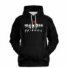 Black hoodie with sketched horror icon faces and red balloon above FRIENDS logo text