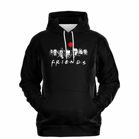 Black hoodie with sketched horror icon faces and red balloon above FRIENDS logo text