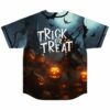 Trick or Treat text over glowing pumpkins and dark scarecrow figure, back view flat lay