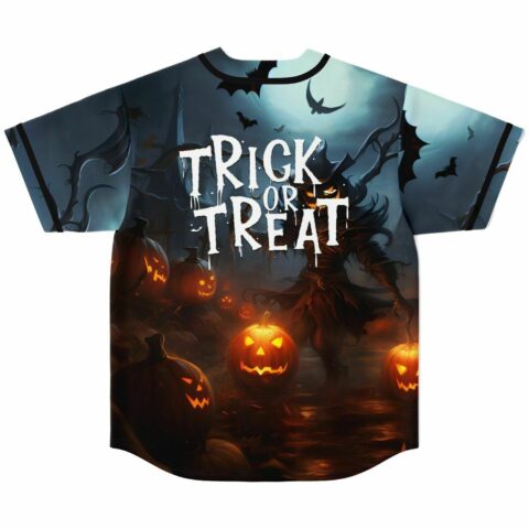 Trick or Treat text over glowing pumpkins and dark scarecrow figure, back view flat lay
