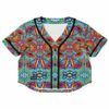 Front of the colorful geometric bass rave cropped baseball jersey