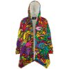 Open hooded rave cloak in psychedelic doodle print with skull and swirl motifs, front view