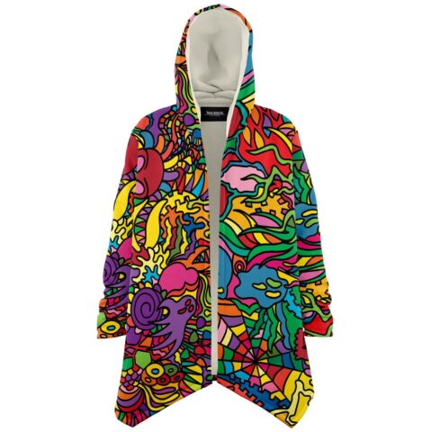 Open hooded rave cloak in psychedelic doodle print with skull and swirl motifs, front view