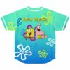 Back view of teal flower jersey reading Festy Bestie with cartoon-style sponge and starfish print