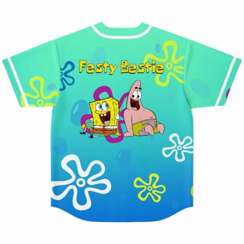 Back view of teal flower jersey reading Festy Bestie with cartoon-style sponge and starfish print
