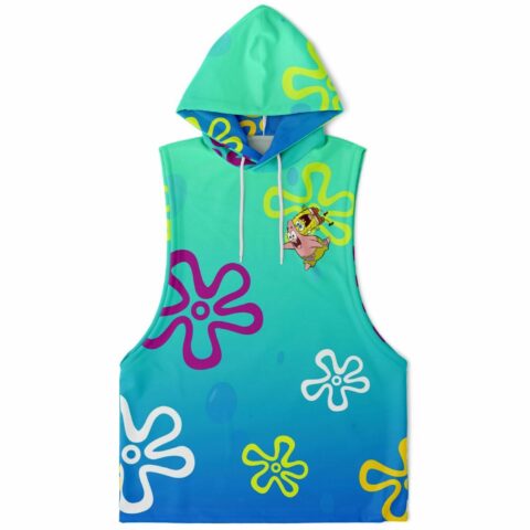 Vibrant sleeveless hoodie with colorful floral and playful character design.