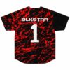 Black red paint splatter jersey back view with BLKSTAR 1 lettering